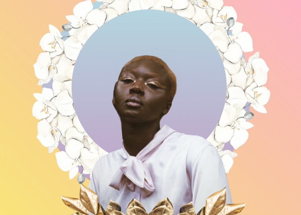 Digital collage of a black disabled activist posing and staring softly and fiercely at camera, she is wearing a white blouse and a lilac gradient circle is haloed behind her head. The circle is framed with illustrated white orchids and the collage rests on an orange and yellow gradient. Courtesy of the artist Jen White-Johnson.
