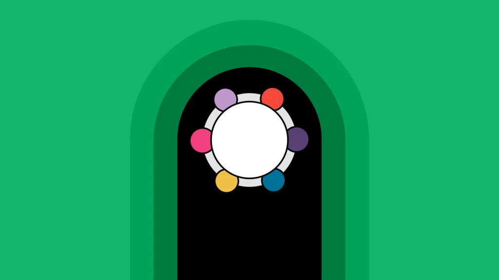 Membership workshops icon. Colorful circles around a table against a fading green background.
