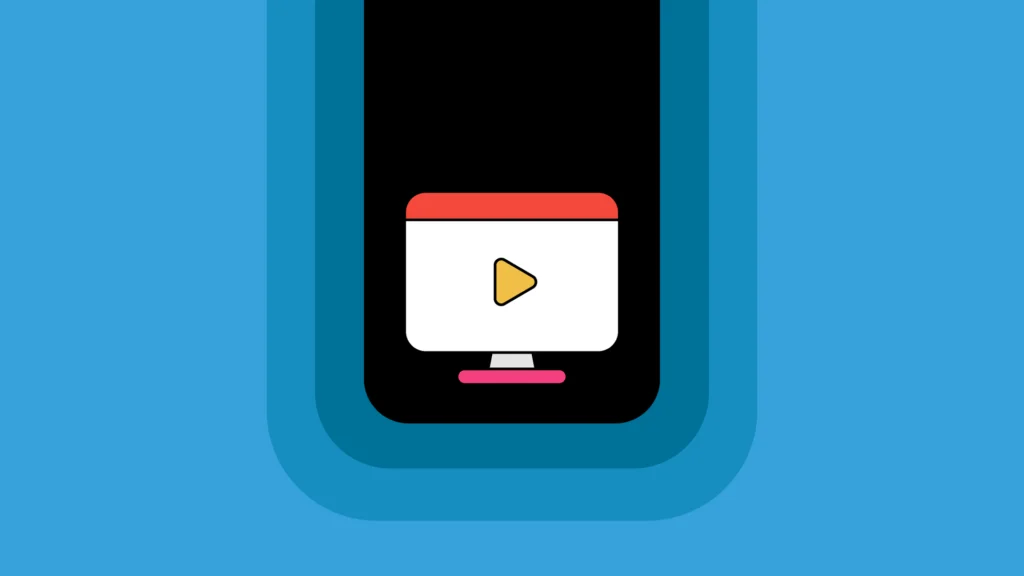 Curated learning icon. Colorful screen with play button against a fading blue background.
