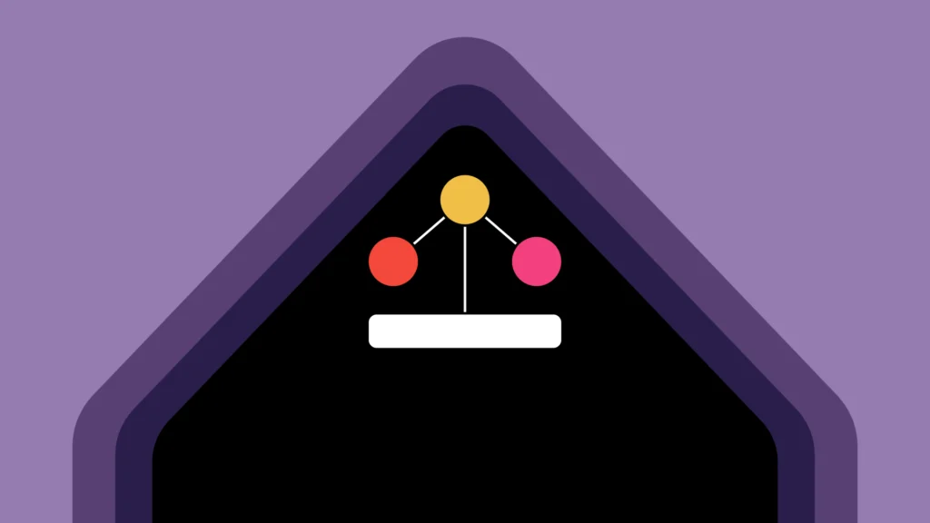 Organizational training icon. Screen connected to three colorful dots. Against a fading purple triangle background.