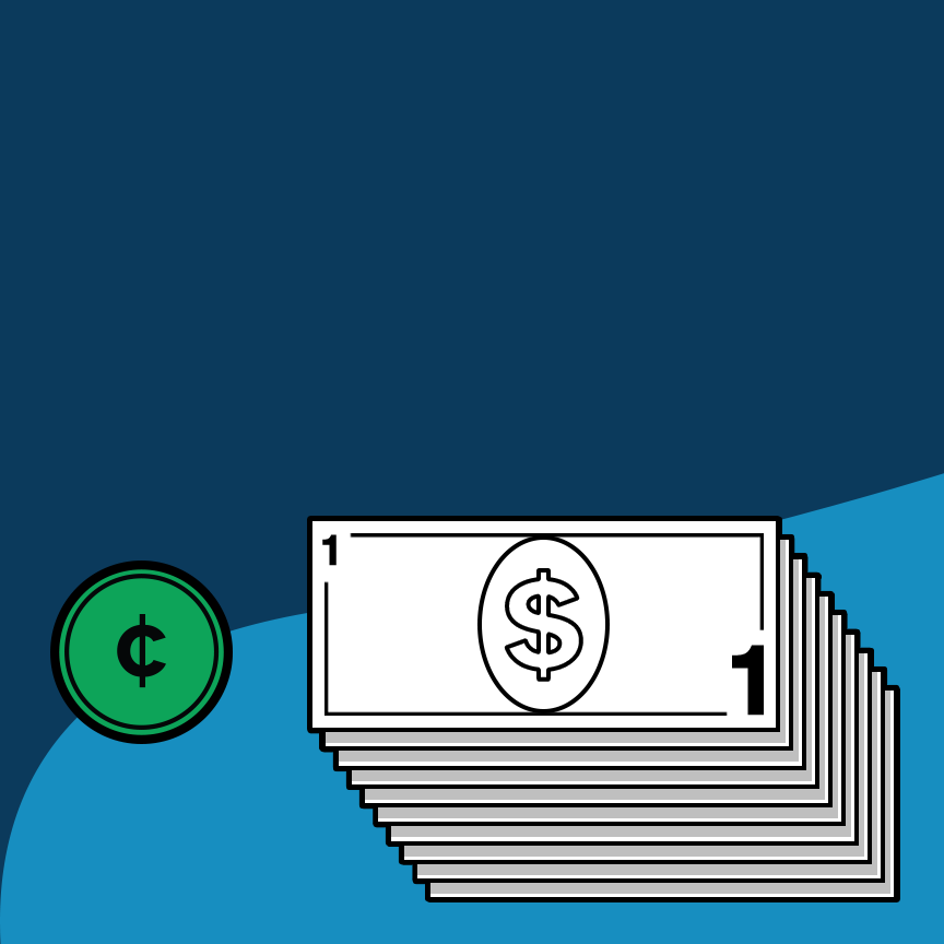 Stack of 10 dollar bills in white, with one green penny.