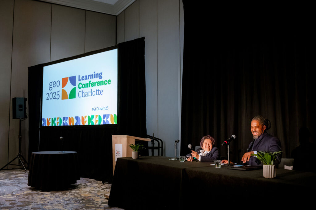 Sandy Ho and Marcus Walton during their discussion at the 2025 GEO Learning Conference.