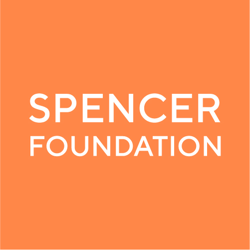 Spencer Foundation logo. Typeface in white, background is orange.